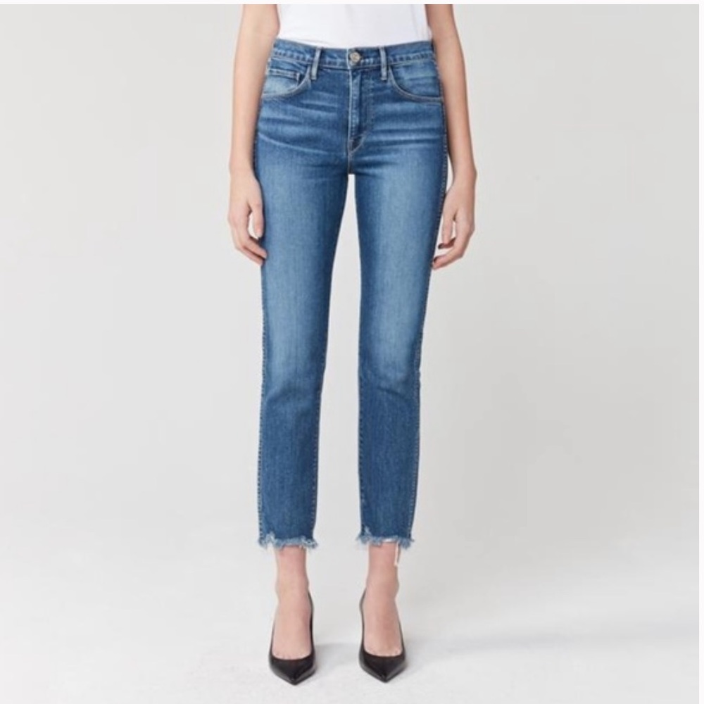 3x1 NYC Ace high waisted Straight Crop Blue Jeans chewed frayed hem